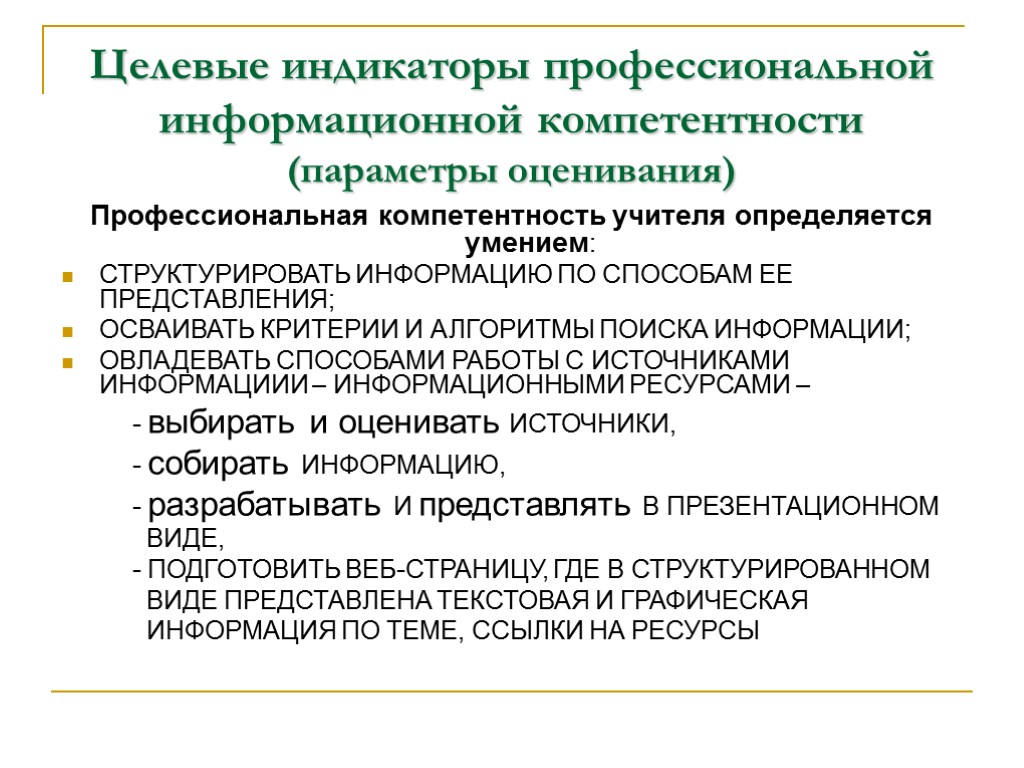 Целевые индикаторы профессиональной информационной компетентности (параметры оценивания) Профессиональная компетентность учителя определяется умением: СТРУКТУРИРОВАТЬ ИНФОРМАЦИЮ